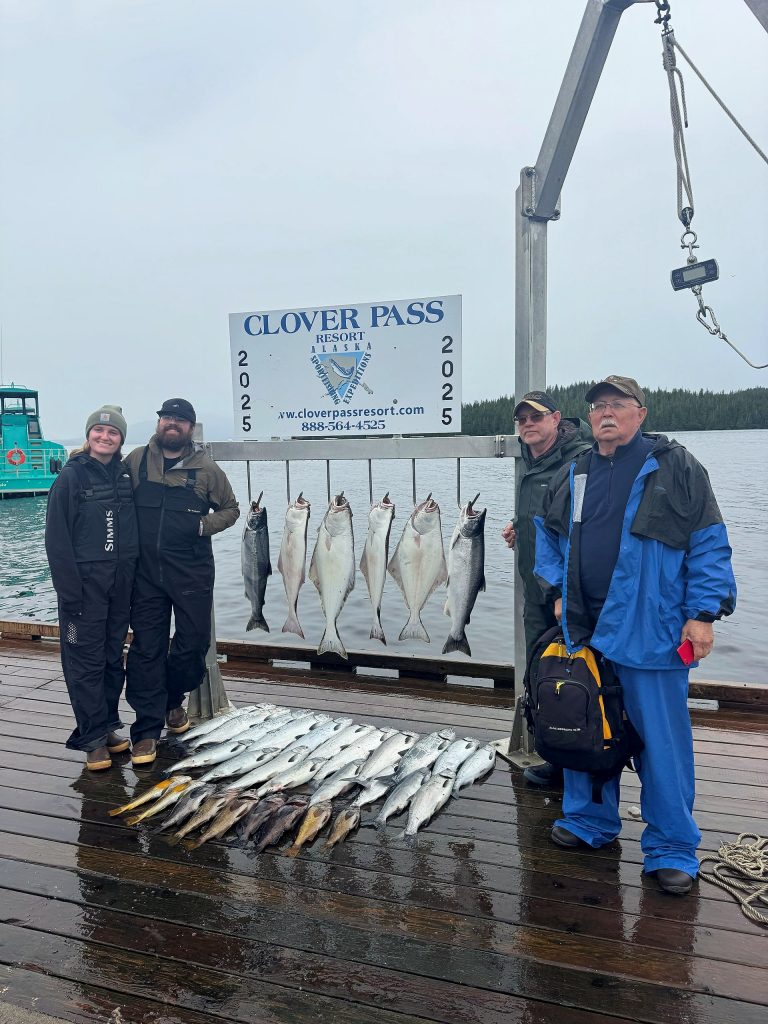Halibut and salmon hanging at the Clover Pass dock after a charter