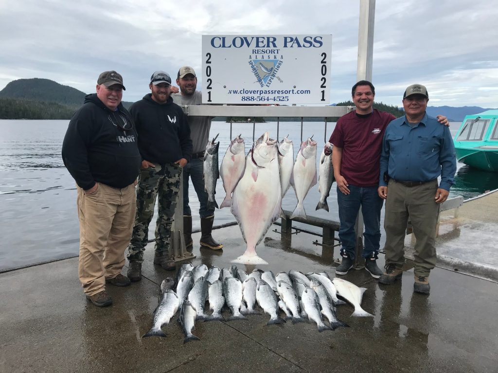 Group at the Clover Pass dock with a day of halibut and salmon